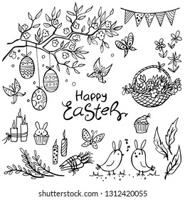 Set of doodle easter elemetns isolated on white. Basket with colored eggs, carrots, flower, cake, candle, chick. Vector illustration. Perfect for coloring book, greeting card, print.