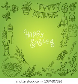 Set of doodle easter elemetns isolated on green background. Basket with colored eggs, rabbit, butterfly, cake, candle. Vector illustration. Perfect for coloring book, greeting card, print.