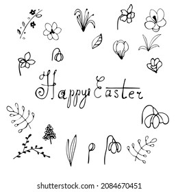 Set of doodle easter elemetns isolated on white. Basket with colored eggs, rabbit, carrots, tulips, glazed cake, candle, chick. Vector illustration. Perfect for coloring book, greeting card, print.