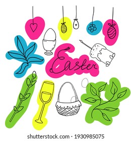 set doodle easter hand drawing elements outline with color spots. vector illustration