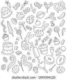 Set doodle Easter hand drawing elements. Vector illustration. Rabbit, bunny, eggs, chicken, sweets, baked goods, Coloring book, Black and white