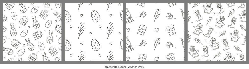 Set of doodle Easter seamless patterns with outline eggs, kulich cakes, leafy twigs, tulips and bunnies.