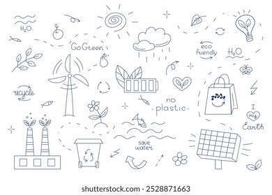 Set of doodle eco-friendly lifestyle and ecology, insulated lines objects