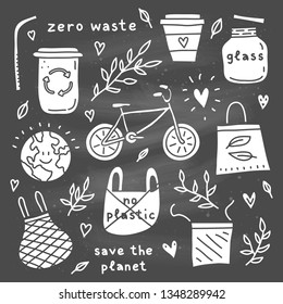 Set of doodle ecological icons isolated on the blackboard. Zero waste life concept.