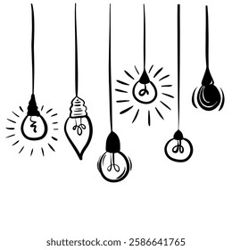 Set of doodle electric bulb in doodle style.