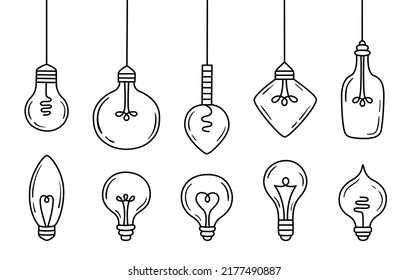 Set of doodle electric light bulb or lamp bulb. Hand draw idea symbol collection. Vector illustration.