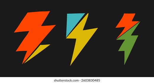 Set of doodle electric lightning, thunder bolt in retro color style. isolated on white background. vector illustration