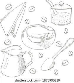 Set of doodle element with cup of coffee, milk, sugar, spoon, napkin and coffee bean