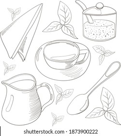 Set of doodle element with cup of tea, milk, sugar, spoon, napkin and tea leaf