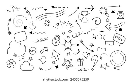 Conjunto de Vector de elemento doodle. Dibujado a mano estilo doodle colección de flecha, líneas, flor, círculos, estrellas, corazones, zigzag, giros, carta y regalo. Bueno para tarjetas, álbumes de recortes, pegatinas y redes sociales