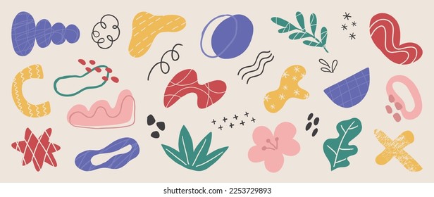 Set of doodle element vector illustration. Hand drawn vibrant color icon collection of abstract organic shapes and lines, scribble, flower, leaf. Design for comic, logo, tattoo, sticker, decoration.