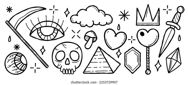 Set doodle element vector illustration  Hand drawn vibrant color icon collection eye  long handled sickle  cloud  skull  heart  pyramid  crown  Design for logo  tattoo  sticker  decoration 