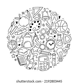 Set of doodle elements associated with school and knowledge in a circle. Back to school concept. School supplies as globe, ruler, backpack, pen, paints