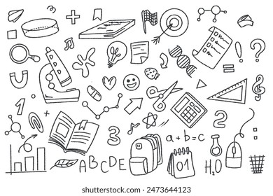 Set of doodle elements back to school. White student stationery on a dark background.  School and Education supplies in sketch style. Vector graphics