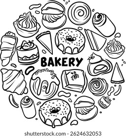 set of doodle elements, Bakery Stickers Hand Drawn Doodle Coloring Vector, Set of hand drawn bread buns and pastries isolated on a white background