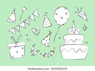 Set of doodle elements for birthday decoration. Vector on isolated background.