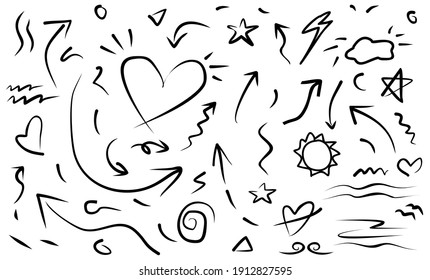 set of doodle elements black on white background. Arrow, heart, love, star, sun, light, flower, heart.line art style. vector