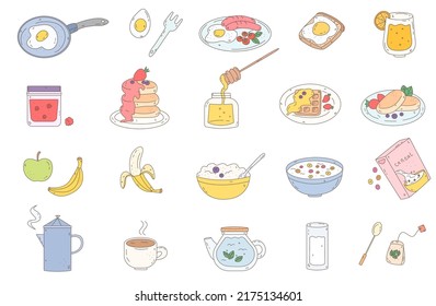 Set of doodle elements for breakfast. Egg, fruit, pancakes, juice, flakes, sausage, coffee, tea, jam.
