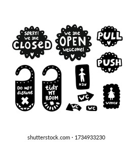 set of doodle elements for cafe, hotel or hostel (open, closed, toilet, do not disturb, pull or open) black and white signs or stickers