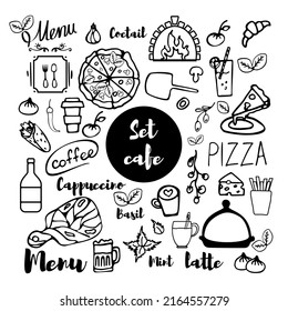 A set of doodle elements for cafes, pizzerias. 