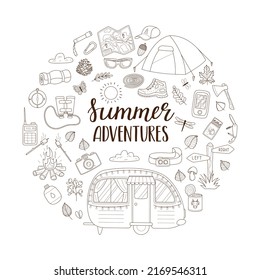 A set of doodle elements for camping, travel, picnic, tourism. Tourist inventory. Round composition as a print on clothes, postcards, web. Outline vector illustrations isolated on a white background.