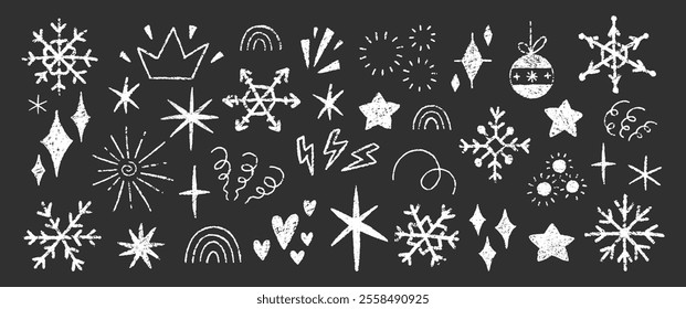 Set of doodle elements for Christmas, birthday, or children party with crayon, chalk or pastel texture. Kids vector illustration on a black background.