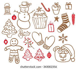 Set of doodle elements Christmas. A set of twenty-two members comprises a tree, cupcakes, snowman, balls, candle, candy and more. Background white.