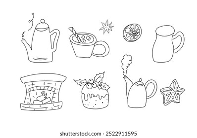 Set of doodle elements for a cozy winter. Teapots, hot drink in a mug gingerbread, fireplace.Vector illustration on a white background