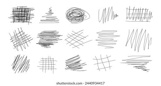 Set of doodle elements drawn with marker. Sketch of childish drawing. Marker scrawls isolated on white background. Hand drawn curl and swirl elements. Collection of scribble elements. Vector