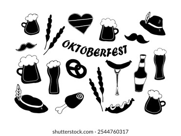 Conjunto de Elementos doodle para el festival alemán de vacaciones oktoberfest - ilustración en blanco y negro Vector. Cerveza en tazas y una botella, sombreros, bigotes, nudillos, pretzel, espigas de maíz, salchichas a la parrilla 