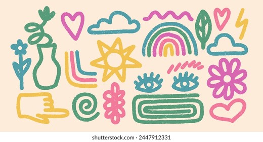 Set of doodle elements. Hand drawn rainbow, eyes, clouds, sun, flower, pointing hand. Minimalist abstract shapes. Collection of simple vector illustration. Modern design elements. 