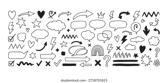 Set of doodle elements including stars arrows speech bubbles lightning bolts hearts and check marks isolated
