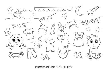 A set of doodle elements with kids boy and girl. Vector clipart with children's attributes icons items clothing. Newborn babies