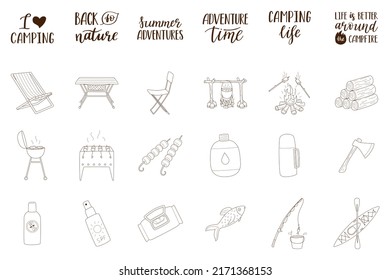 A set of doodle elements and lettering on the theme of summer, vacation, tourism, hiking, camping, picnic. Hand drawn outline icons. Black and white vector illustration isolated on a white background