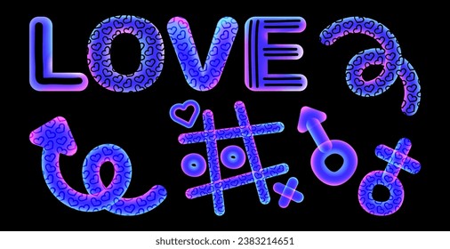 Set of doodle elements in neon color with gradient. Game tic-tac-toe, arrow, gender signs, love. Vector illustration.