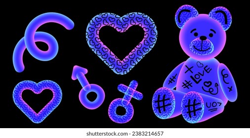 Conjunto de elementos de doodle en color neón con gradiente. Oso de peluche, corazón, signos de género. Ilustración vectorial.