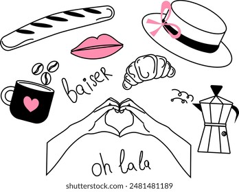 A set of doodle elements on the theme of Paris, black lines silhouettes with pink inserts. Lips, baguette, coffee, hat, hands with a heart. Stylized and hand drawn.