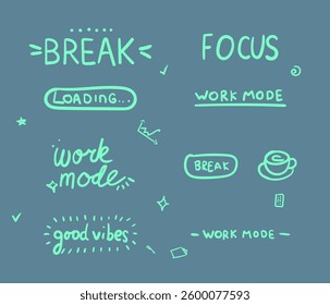 Set Doodle elements for rest time. hand drawing, pen doodle texture art. Isolated break paint lettering, funky painted writing vector set