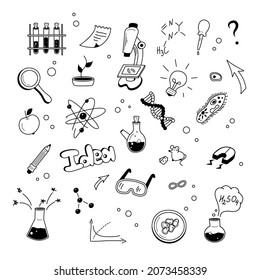 Un conjunto de elementos de doodle de la ciencia. Química y biología. Gráficos vectoriales.