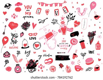 Set of doodle elements for valentine day design, save the date. With hearts, arrows, bottles, cups vector illustration