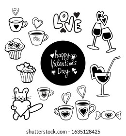 Set of doodle elements for Valentine's Day. Outline. Isolated over white background. Stock vector illustration.