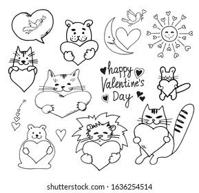 Set of doodle elements for Valentine's Day. Beasts and hearts. Outline. Stock vector illustration.
