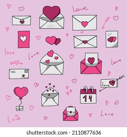 set of doodle elements for valentine's day. Letters, declarations of love, balloons, love, postcards. for decoration.