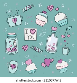 set of doodle elements for valentine's day. Letters, declarations of love, love, postcards, hugs, calendar. for decoration.
