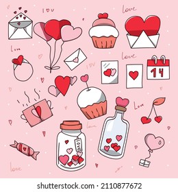 set of doodle elements for valentine's day. Letters, declarations of love, cupcakes, a jar of hearts, balloons, love, cards, hugs, couple mugs. for decoration.