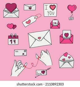  set of doodle elements for valentine's day. Letters, declarations of love, cupcakes, a jar of hearts, balloons, love, postcards, hugs, the red thread of fate, a calendar. for decoration.
