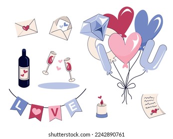 Set of doodle elements for valentine's day, romantic date and wedding. Love letters, garland, heart-shaped balloons and wedding ring, wine and glasses.