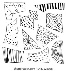 Set of doodle elements of various geometric shapes. For all kinds of design, patterning, mosaics. Drawn by hands in the style of Scandinavian minimalism