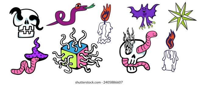 set of doodle elements in vector.halloween objects.image for stickers, print, app, design, web site, label, poster, postcard . Series of teenage icons