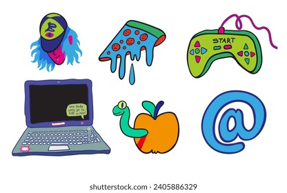 set of doodle elements in vector.teenage subcultural objects.image for stickers, print, app, design, web site, label, poster, postcard . Series of teenage icons